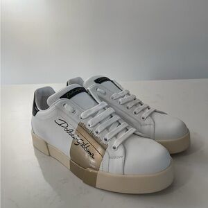 Dolce & Gabbana Portofino White Leather Sneakers With Black and Gold Accents